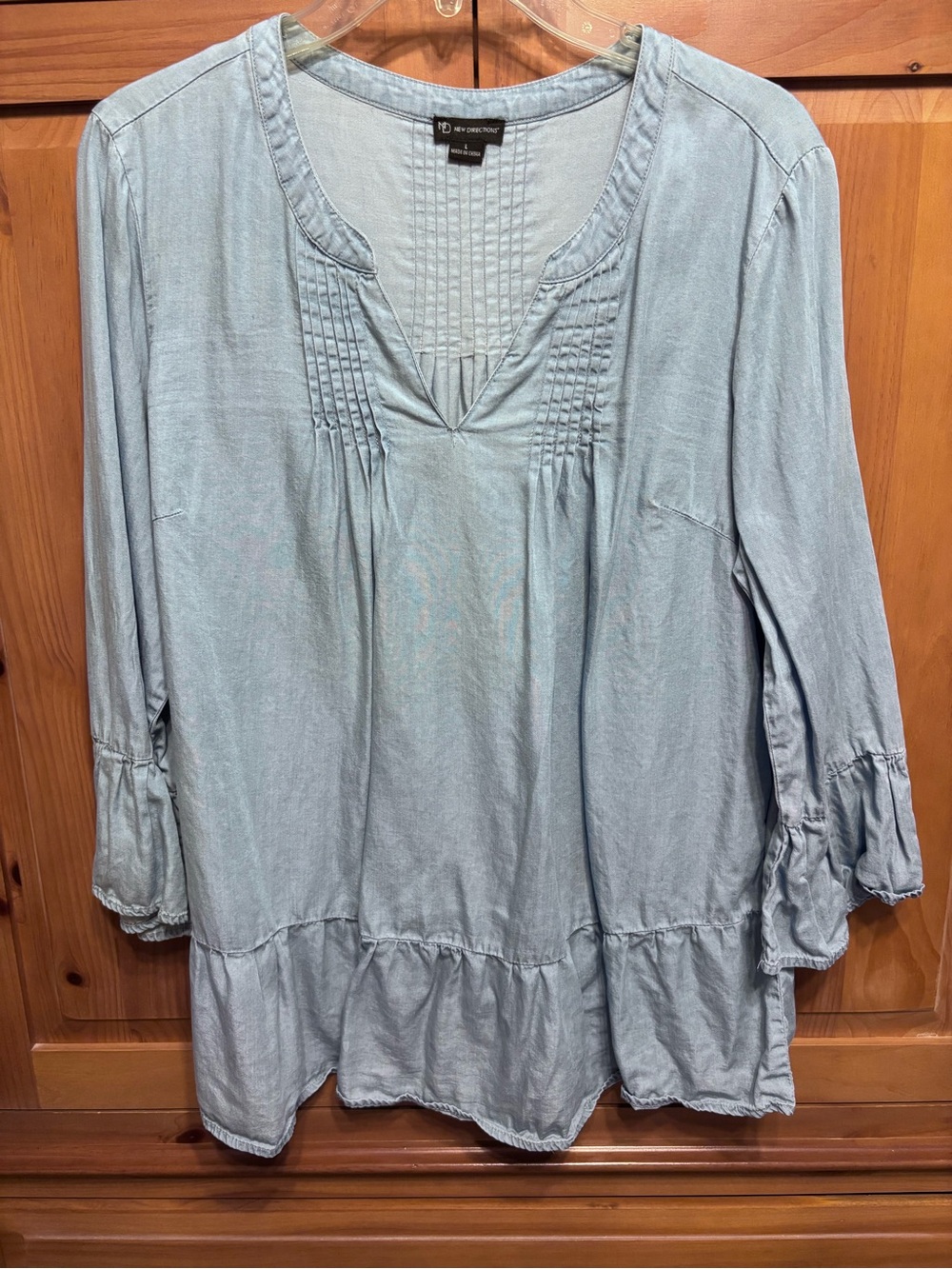 new directions Light Blue Peasant Tunic with Pintuck Yoke